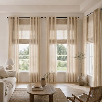 Warm Beige Sheer Linen Curtains for Living Room Bedroom 72 Inches Long - color: Warm Beige, size: 52"W x 72"L (Pack of 2)