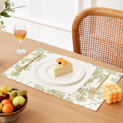 QIYI Boho Table Placemats Set of 4, 12"x18" Linen Place Mats, Green Blooms - color: Green Botanical Art, size: Set of 4