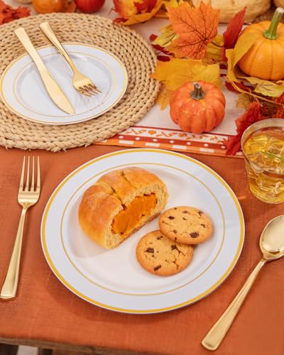 bUCLA 150PCS Gold Plastic Plates Disposable - Heavy Duty Gold Plates Include 25 Dinner & 25 Dessert Plates,25 Forks,25 Knives,25 Spoons&25 Cups for Party, Thanksgiving, Fall Harvest & Autumn - color: Gold