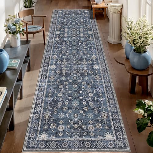 Tangsoo 2.6x10 Washable Long Runner Rug for Hallway Non Slip - color: Distressed Blue Black, size: 2'6" X 10' (Runner)