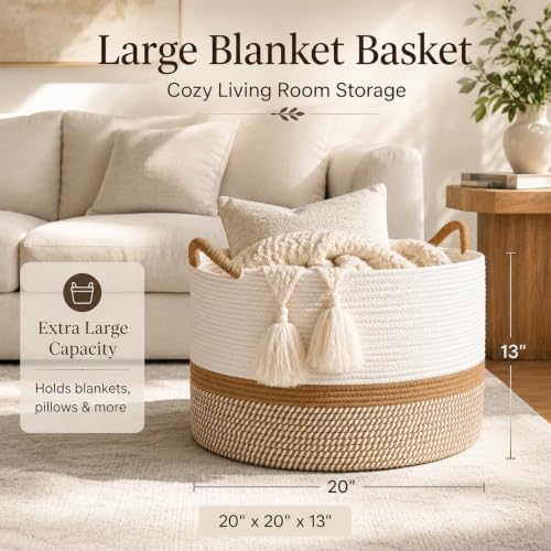 KAKAMAY Large Blanket Basket with Handles, Storage Basket for Living Room - color: Brown