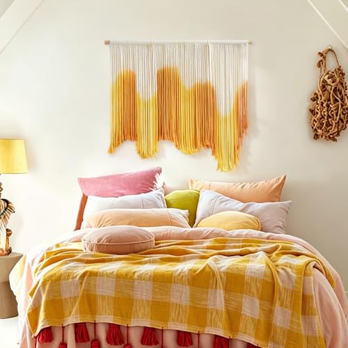 IOWER Macrame Wall Hanging Yellow Dip Dye Boho Fiber Wall Decor 27" x 26.8" - color: yellow
