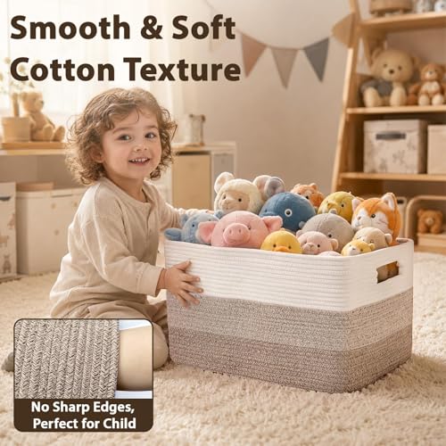 Optish 95L Large Woven Blanket Basket, Cotton Rope Laundry Basket, Brown - color: White & Mix Brown, size: 24" x 17" x 13.5"(95L)