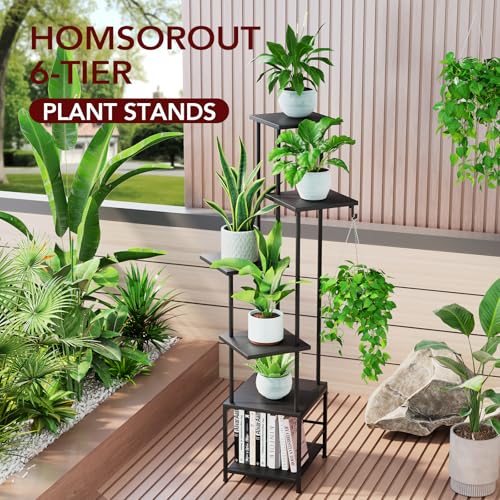 Homsorout Plant Stand Indoor with Grow Light - 6-Tier Metal Plant Shelf with Hanging Basket Hook, Corner Tall Flower Holder for Multiple Plants, Living Room Balcony Garden Patio, Black - color: 6-Tiered Black with grow light
