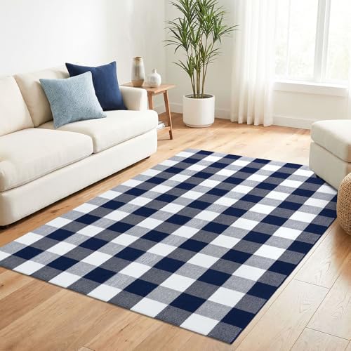 KILOCOCO Buffalo Plaid Checkered Rug 4x6 ft Blue and White Front Door Rug - color: Blue and White, size: 4' x 6' (Rectangular)