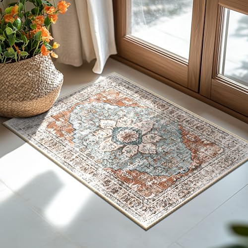 BESTSWEETIE Washable Boho 2x3 Area Rug, No Pile, Living Room, Green Brick - color: Green/Brick/Rust Red, size: 3' x 2' (Rectangular)
