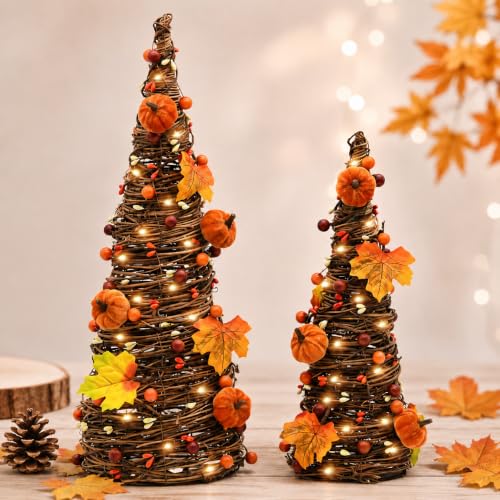 Lighted Fall Table Tree Decor, Farmhouse Pumpkin Fall Decorations for Home - color: Orange