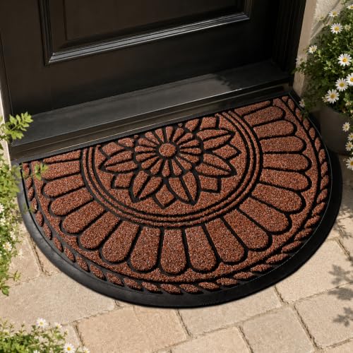 Mibao Front Door Mat Indoor Outdoor Entrance, Semicircular Entrance Mat, Half Round Waterproof Non-Slip Durable Rubber Door Mats, Low Profile Heavy Duty Doormat for Garage, Patio, 30" x 18", Maroon - color: Maroon, size: 1'5" x 2'6" (Semicircular)