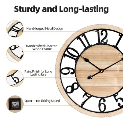 Maxstar 24'' Wall Clock for Living Room Decor, Ultra-Silent Rustic Wooden Farmhouse Wall Clock with Metal & Real Wood Frame, Battery Operated, for Kitchen Bedroom Office, Arabic Numerals