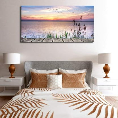 yearainn Sunset Lake Wall Art, Dock Reed Grass Flying Birds, 29" x 58" - color: Sunset Lake, size: 58"L x 29"W