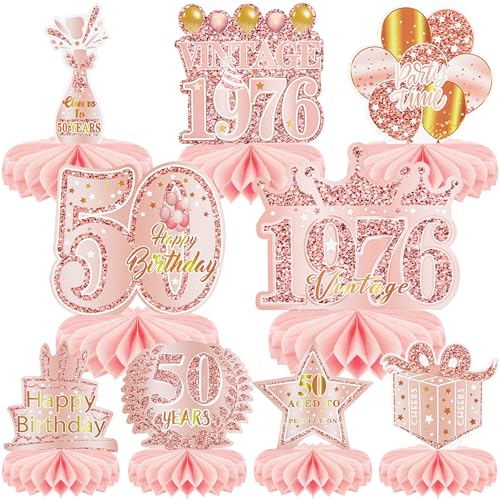 9 Pcs 50th Birthday Decoration for Women 1976 Pink Table Honeycomb Decor - color: 50th-rose Gold Pink