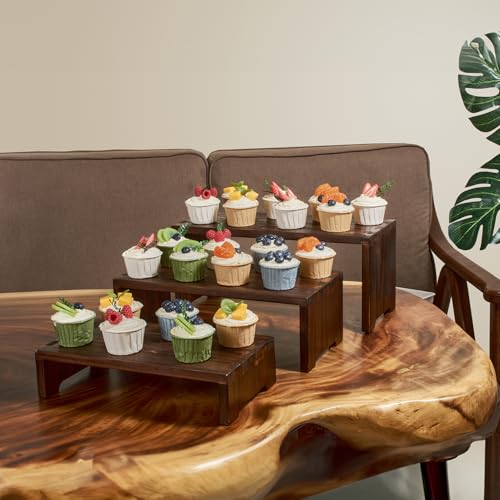 DAOYOUSKY Set of 3 Wooden Rustic Cupcake Stand for 24 Cupcakes, Stepped Wood Display Stand for Weddings, Tiered Party Buffet Table Display Nesting Riser for Food , Dessert, Cookie, Craft Show, Brown - color: Brown