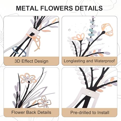 Embewhis Wall Decor Metal Flowers 3pcs, Rustic Farmhouse Flower Sculptures, 13.7" Wall Art Decor, Drill-Free Install Option for Living Room, Kitchen, Bedroom & Bathroom - size: G