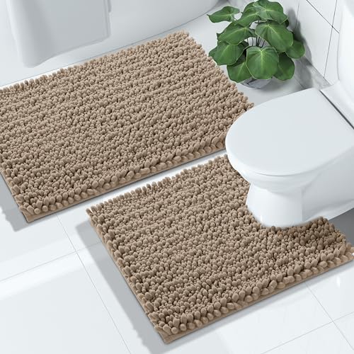 Yimobra Bathroom Rugs Sets 2 Piece, Super Absorbent Bath Mat Set,Pale Khaki - color: Pale Khaki, size: 24''x17''+24''x20''U-Shaped