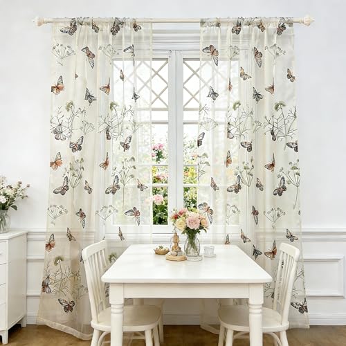 AiFish Embroidered Butterfly Window Semi Sheer Curtains for Kids Room Country Style Dandelion Pattern Room Divider Rod Pocket Tulle Gauze Voile Panel Drapes for Living Room 1 Panel W39 x L84 inch - size: 39"W x 84"L (Pack of 1)