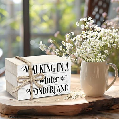 Christmas Decorative Book Stack For Farmhouse, Tiered Tray Decor Christmas Gift, Winter Stacked Books Set, Walking In A Winter Wonderland Wooden Book Decor For Home Office Bedroom Table Shelf -38