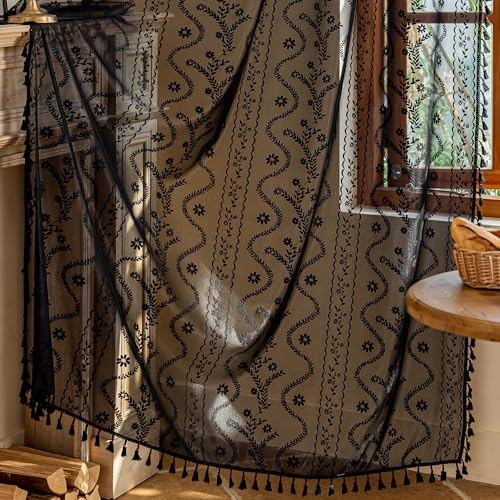 WAZZIO Boho Sheer Curtains 2 Panels,Victorian Lace Drapes,Black,W52 x L84 - color: Black, size: 52"W x 84"L (Pack of 2)