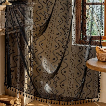 WAZZIO Boho Sheer Curtains 2 Panels,Victorian Lace Drapes,Black,W52 x L84 - color: Black, size: 52"W x 84"L (Pack of 2)
