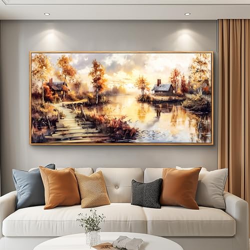 Large Framed Rustic Farmhouse Landscape Wall Art for Living Room, 40x20 In - color: Countryside Painting Wood Framed, size: 40"L x 20"W