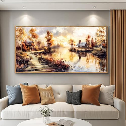 Large Framed Rustic Farmhouse Landscape Wall Art for Living Room, 40x20 In - color: Countryside Painting Wood Framed, size: 40"L x 20"W