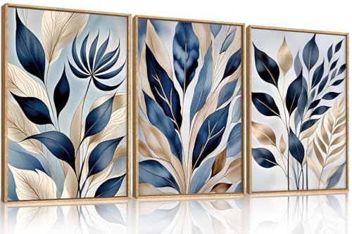 HPNIUB Large Boho Blue Botanical Leaf Framed Wall Art Set -24"x36"x3 - color: Abstract Leaf Wall Art, size: 24"L x 36"W