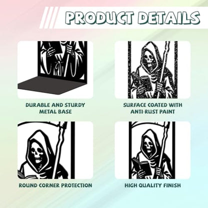 Peacoblue 5.3"x4.3"x7.9" Metal Bookends, Heavy Duty Book Ends for Shelves - style: Grim Reaper Reading Book with Sickle