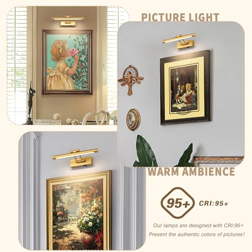 Battery Operated Picture Lights with Remote and Timer,Wireless Art Light for Paintings with Adjustable Swing Arm Gold Gallery Lights 12in Rechargeable Wall Sconce - color: Model B-Gold