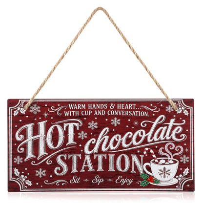 Marsui Christmas Wood Hanging Sign with Jute Rope, Hot Chocolate Station - style: Hot Chocolate Station