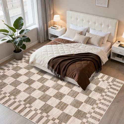 GarveeHome Brown Checkered Rug 5x7 Area Rugs Washable Living Room 5x7 Rug - color: Brown, size: 5' x 7' (Rectangular)