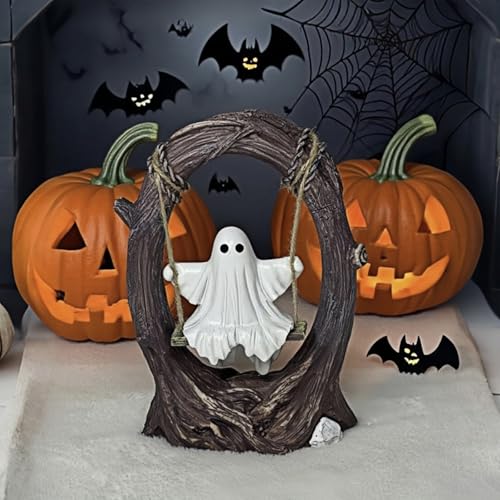 Swinging Ghost on Tree Swing, Cute Swinging Ghost Halloween Figurine Indoor Decoration, Desktop & Bookshelf Decor, Outdoor Courtyard Garden Decoration, Halloween Ghost Gift
