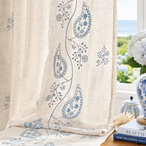 jinchan Linen Curtains 84 Inch Blue Floral Drapes Back Tab 2 Panels Set - color: Blue on Beige, size: 50"W x 84"L (Pack of 2)
