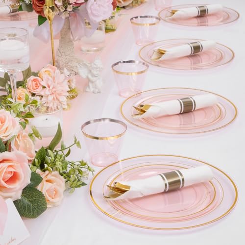 WELLIFE 210Pcs Clear-Pink Plastic Dinnerware- Pink and Gold Plastic Dinnerware include 30 Dinner Plates, 30 Dessert Plates, 90 Gold Silverware, 30 Cups and 30 Napkins Perfect for Parties - color: Clear Pink and Gold, style: 210PCS（30 Guests）
