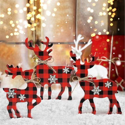 3Pcs Cute Christmas Tiered Tray Decor Indoor, Wooden Reindeer Christmas Tabletop Decorations Xmas Centerpiece, Rustic Reindeer Block Signs Standing Elk Decor for Home Shelf - style: Red and Black Buffalo Plaid