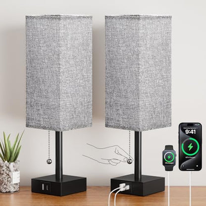 Set of 2 Grey Bedside Table Lamps for Bedroom - Nightstand Lamp, USB C+A - color: Gray & Black (2PCS), size: 14.3in