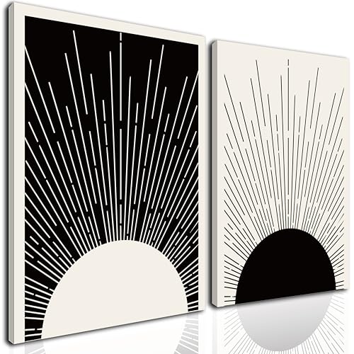 Hwetui Framed Boho Sun Wall Art Set of 2 Black and White Minimalist Sunrise Canvas Prints Abstract Sunshine Painting Geometric Line Pictures Home Decor for Living Room Bedroom Bathroom 12x16in - color: Black, size: 16"L x 12"W