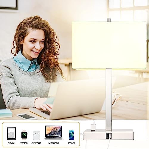 21" Touch Bedside lamps with 2 USB & AC Outlets, 3-Way Dimmable Bedside Table Lamps Set of 2 for Bedroom Living Room Office Reading, White Shade Lamps for Night Stands, 3000K LED Bulbs Included - color: White Cream Linen & Brushed Nickel