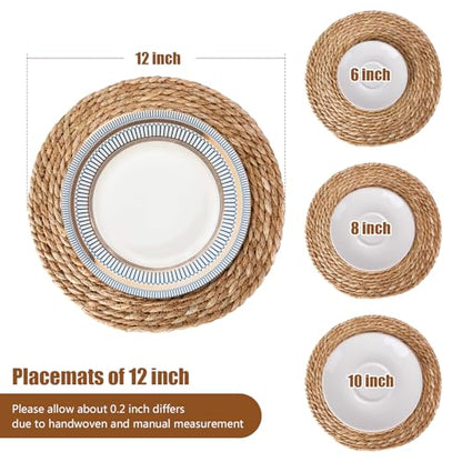 Woven Placemats Set, 12" Round Boho Hand-Woven Rattan Natural Water Hyacinth Placemats, Farmhouse Weave Chargers, Heat Resistant Rustic Braided Wicker for Dining Table,Kitchen,Wedding,Home(Set of 4) - size: 12inch Set of 4