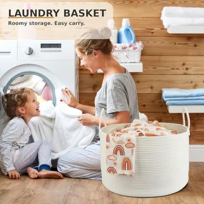 XUANGUO 66L Large Blanket Basket, Round Cotton Rope Basket, White - color: white