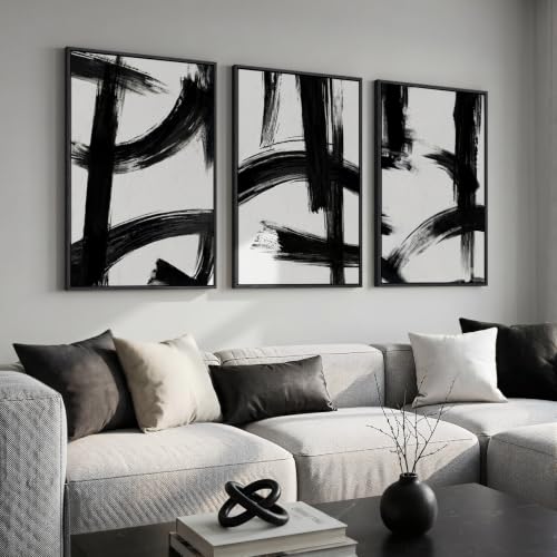 Large Framed Black and White Modern Abstract Wall Art Set, 3 Piece 24x36 In - color: Black and White A, size: 24" W x 36" H x 3Pcs
