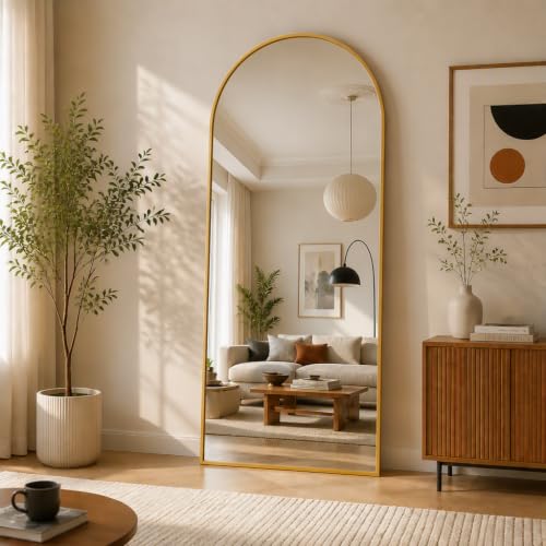 Arched Full Body Gold Mirror with Stand, 65"x24", Floor, Wall or Lean, Aluminum Alloy Frame, For Living Room, Bedroom, Cloakroom - color: Gold, size: 65"L x 24"W