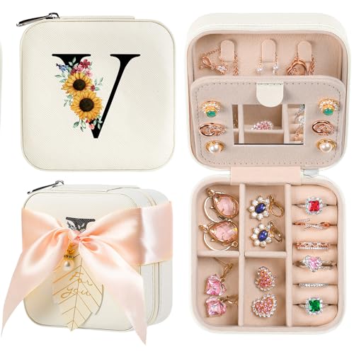 AYGXU Travel Jewelry Box for Women and Girls - Small Case With Initial A-Z - Teacher Gifts - color: white, size: V