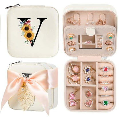 AYGXU Travel Jewelry Box for Women and Girls - Small Case With Initial A-Z - Teacher Gifts - color: white, size: V