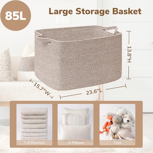 Goodpick 85L Large Woven Rope Blanket Basket, Rectangle, Brown - color: Brown, size: X-Large(23.6"L x 15.7"W x 13.8"H)
