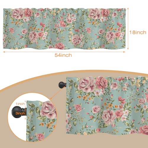 Curtain Valances, Green Vintage Flower Semi Sheer Kitchen Windows Valances, Rod Pocket Short Window Treatment Light Filtering Decor Valances for Kitchen Living Room Bedroom Windows - 54"x18" - color: Vintage Floral Flowers, size: 18"W x 54"L (Pack of 1)