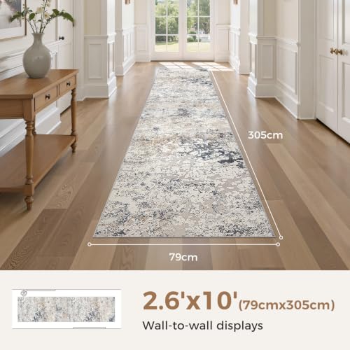 DMOYEST Washable Runner Rug for Hallway: 2.6x10 Neutral Modern Abstract Low Pile Area Rug with Non-Slip Backing - Carpet for Bedroom Kitchen Laundry Entryway Bathroom Indoor - Beige Blue - color: Beige Blue, size: 2'6" x 10' (Runner)