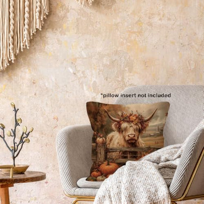 Rustic Fall Western Highland Cow Pumpkin Throw Pillow Covers 18x18 - color: Highland Cow-09