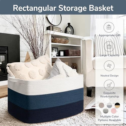 Goodpick Large Woven Rope Blanket Basket, Rectangle, Light Blue - color: Light Blue, size: Large(21.6"L x 14.9"W x 11.8"H)