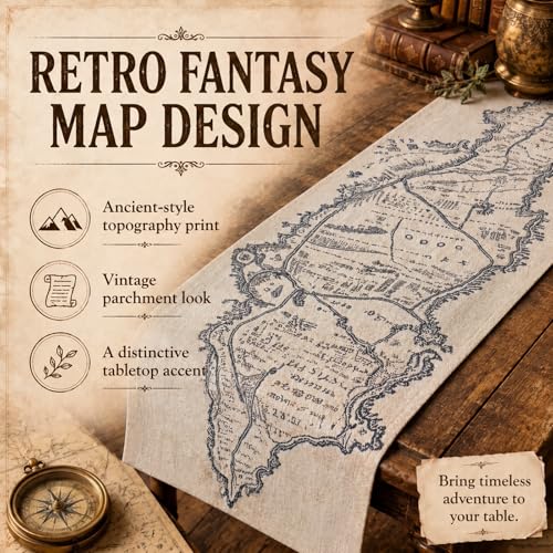 Preboun Retro Earth Map Linen Table Runner, Halloween Medieval Decor - style: Retro Fantasy Map