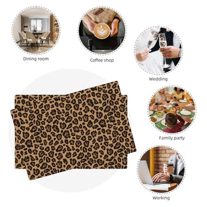 Black Brown Leopard Placemats Set of 4 Linen Washable 12x18 inch - color: Leopard