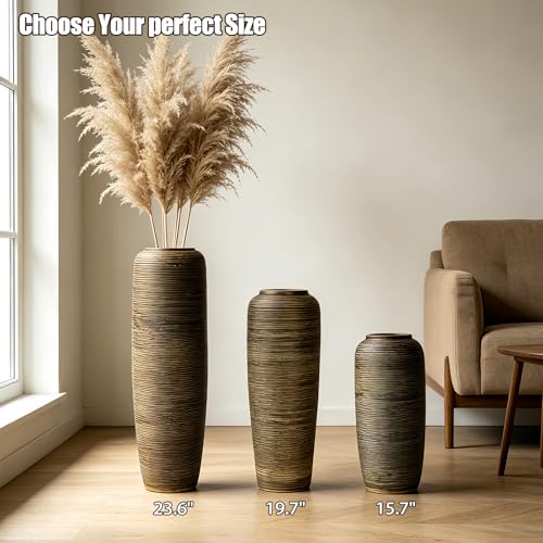 Brown Rustic Ceramic Floor Vase, 15.7 Inch, Ribbed Texture - size: 15.7 Inch